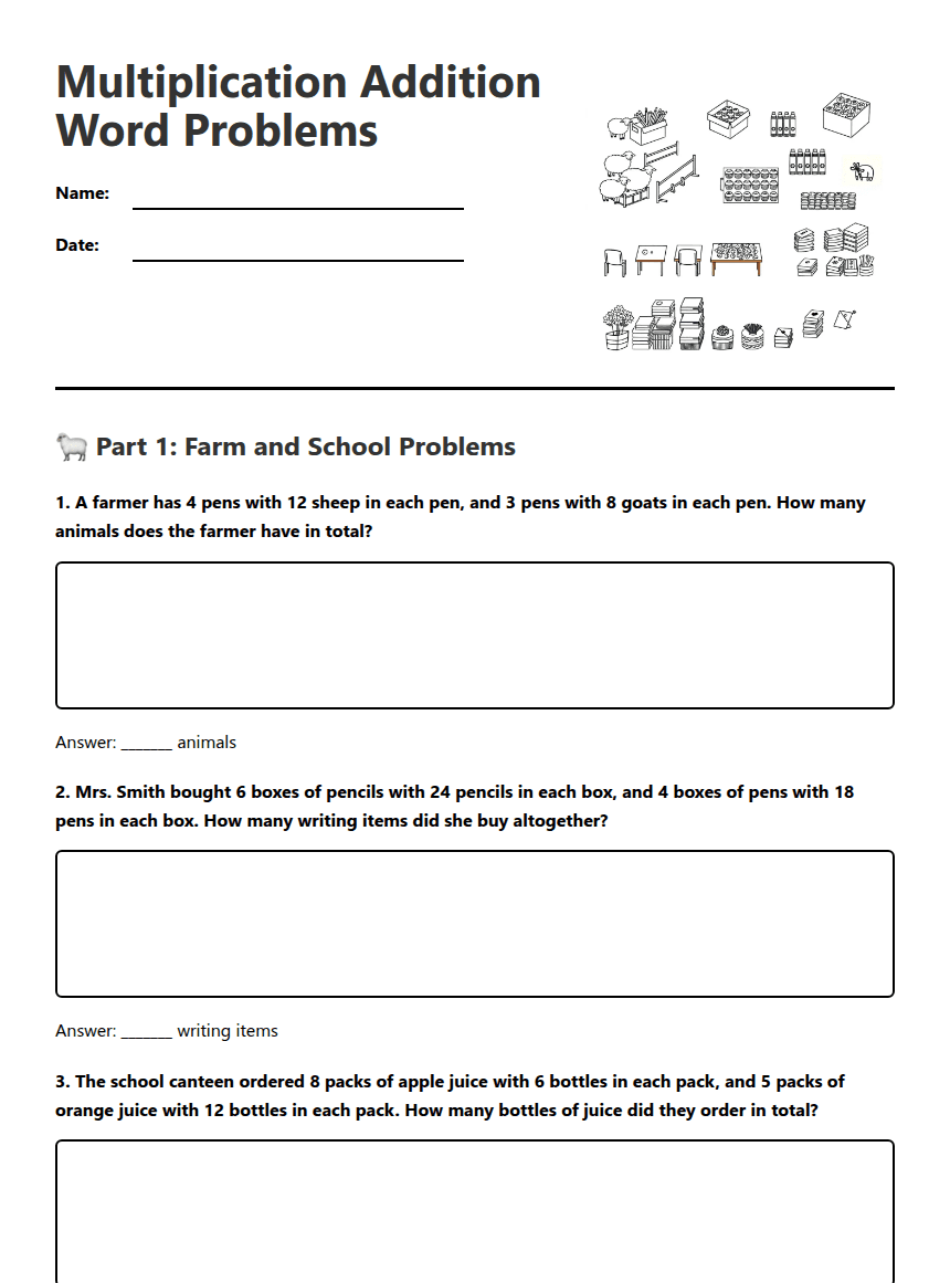 Multiplication Addition Word Problems worksheet preview