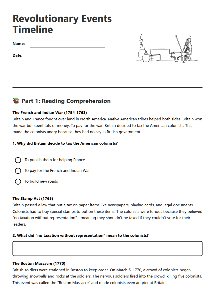 Revolutionary Events Timeline worksheet preview
