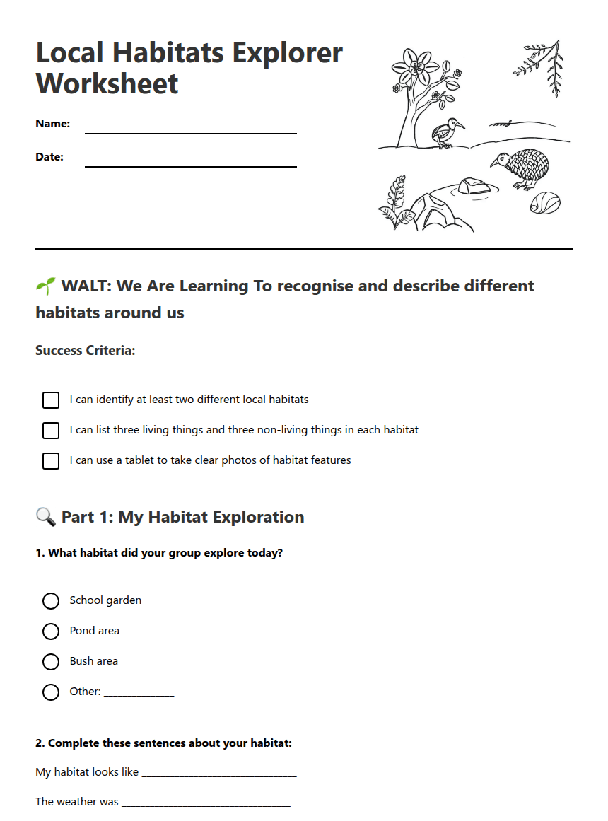 Local Habitats Explorer Worksheet worksheet preview