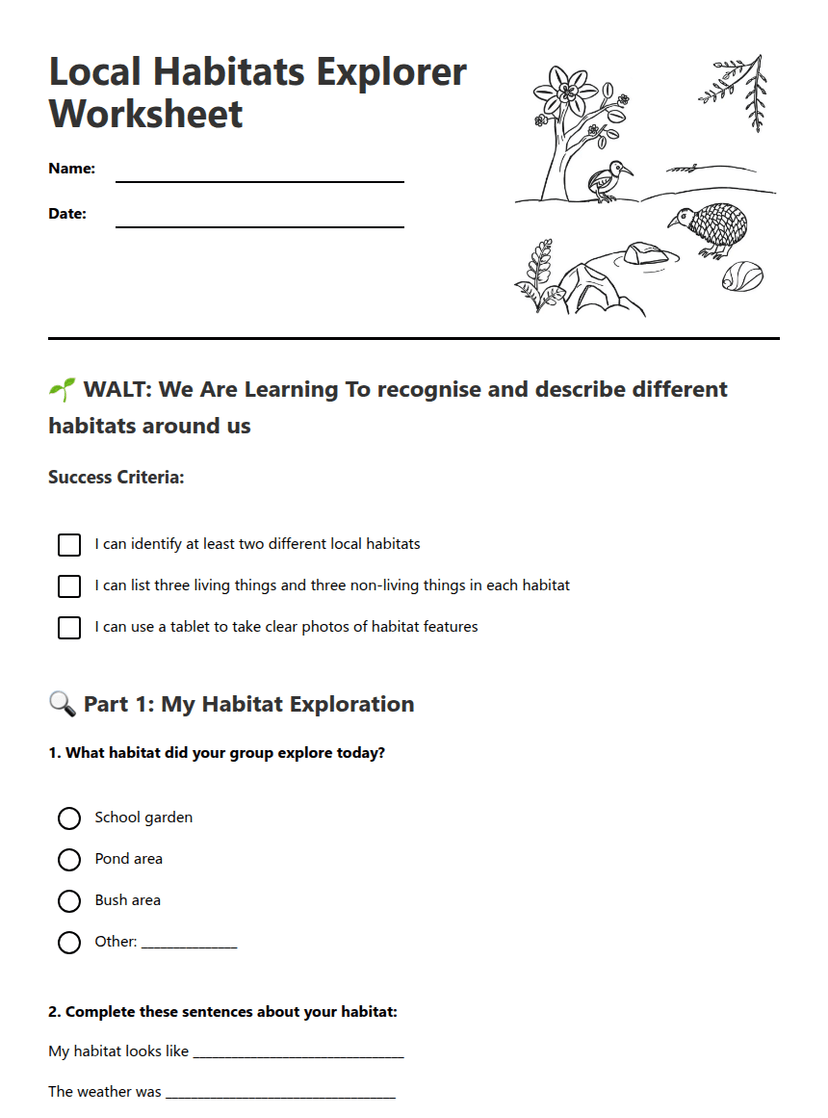 Local Habitats Explorer Worksheet