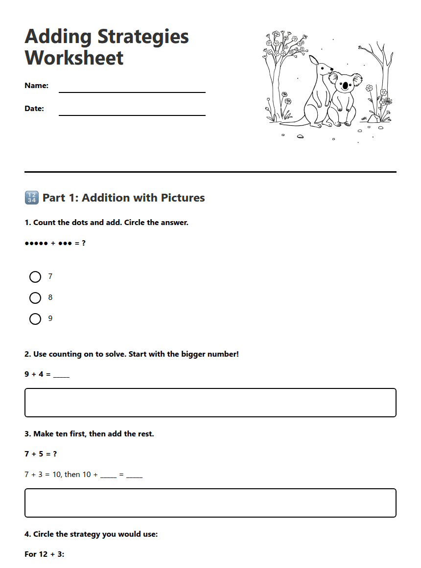 Adding Strategies Worksheet worksheet preview