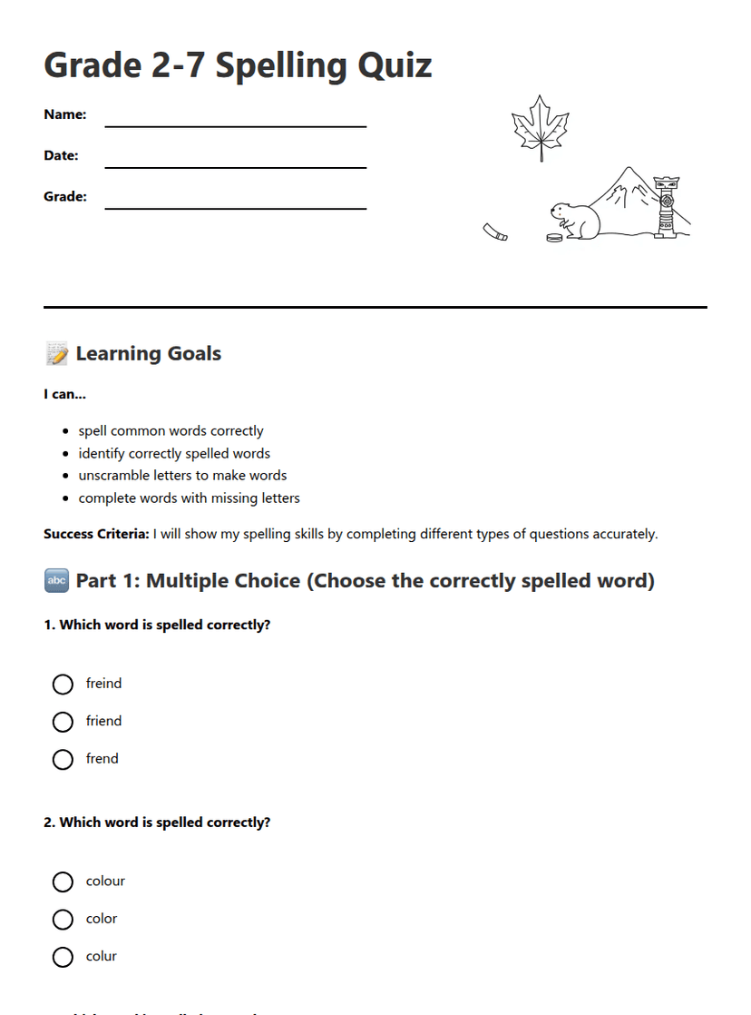 Grade 2-7 Spelling Quiz