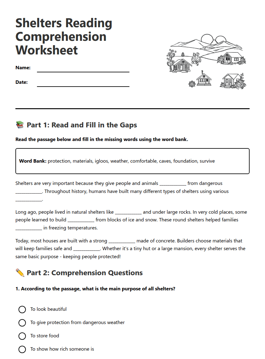 Shelters Reading Comprehension Worksheet worksheet preview