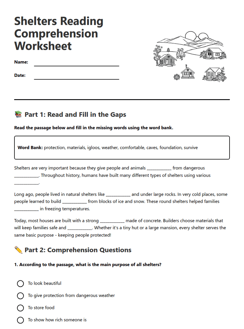 Shelters Reading Comprehension Worksheet