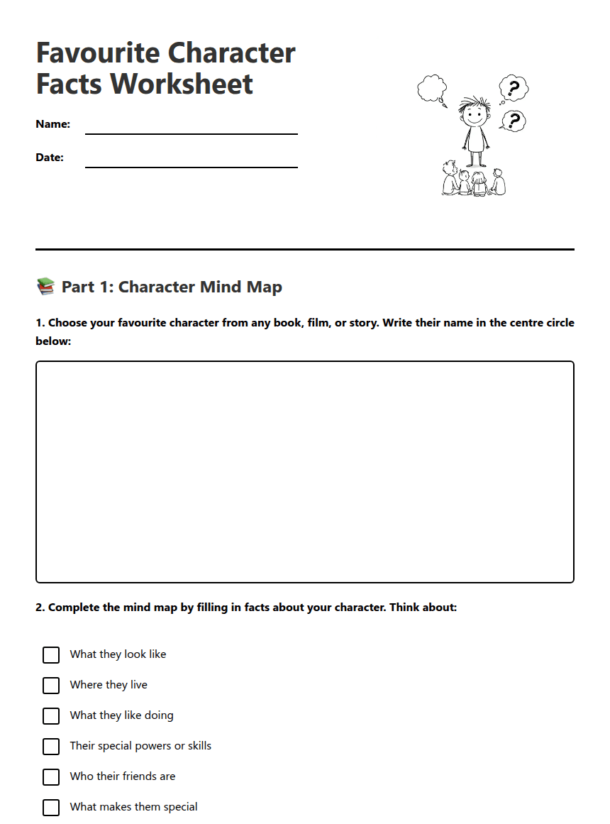 Favourite Character Facts Worksheet worksheet preview