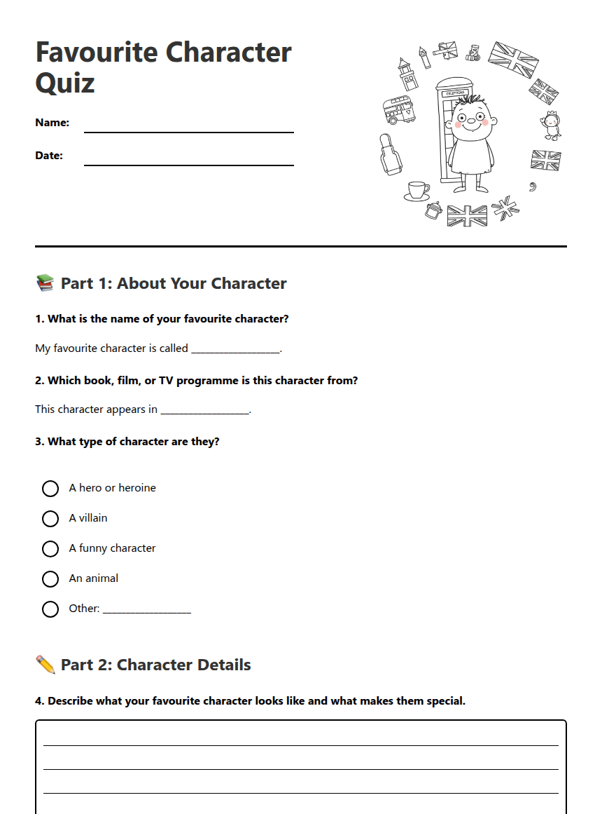 Favourite Character Quiz worksheet preview