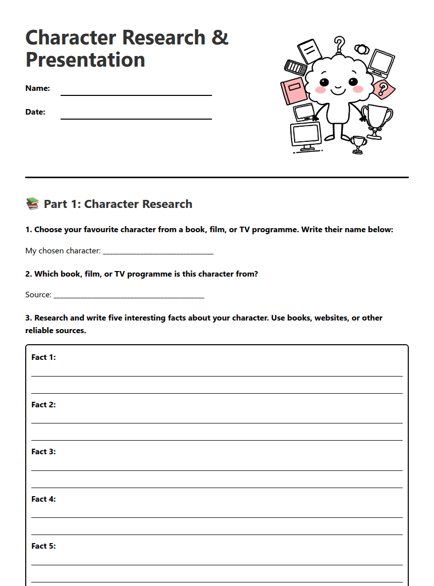 Character Research & Presentation worksheet preview