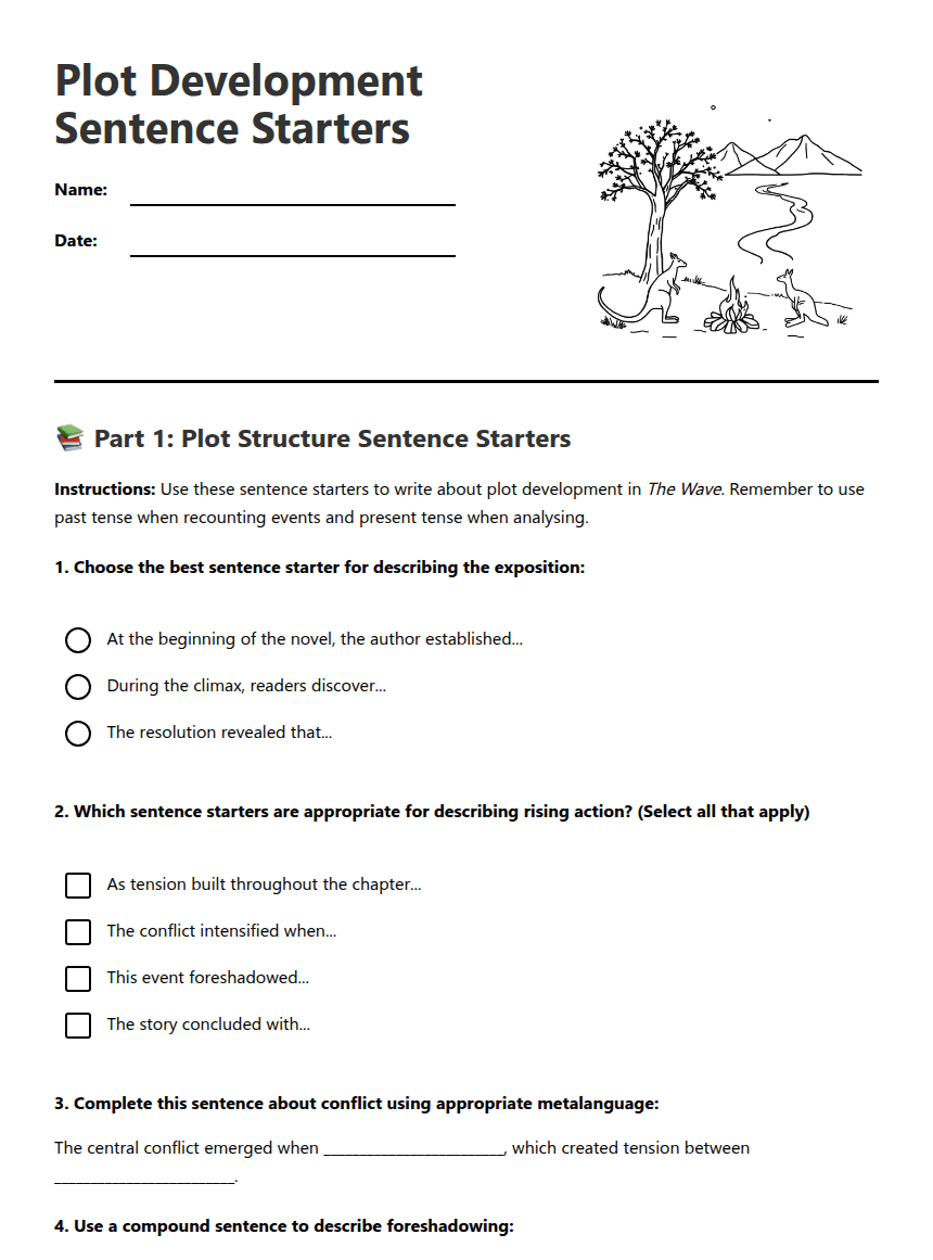 Plot Development Sentence Starters worksheet preview