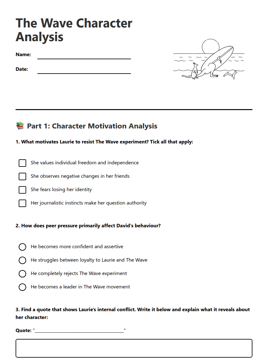 The Wave Character Analysis worksheet preview