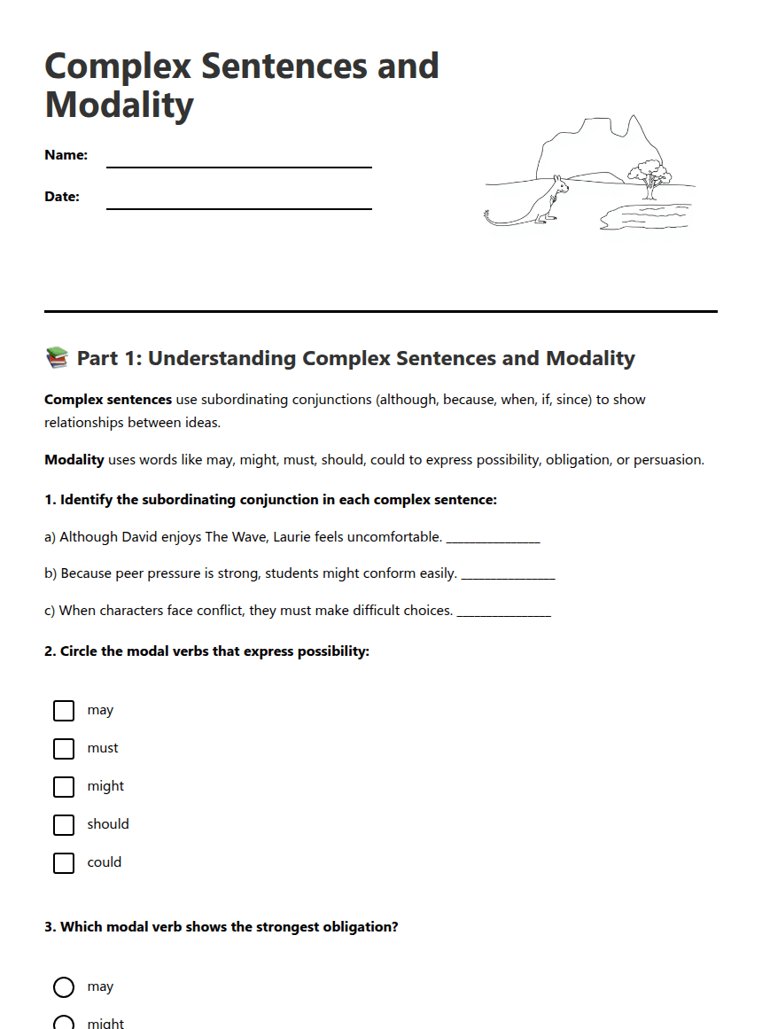 Complex Sentences and Modality worksheet preview
