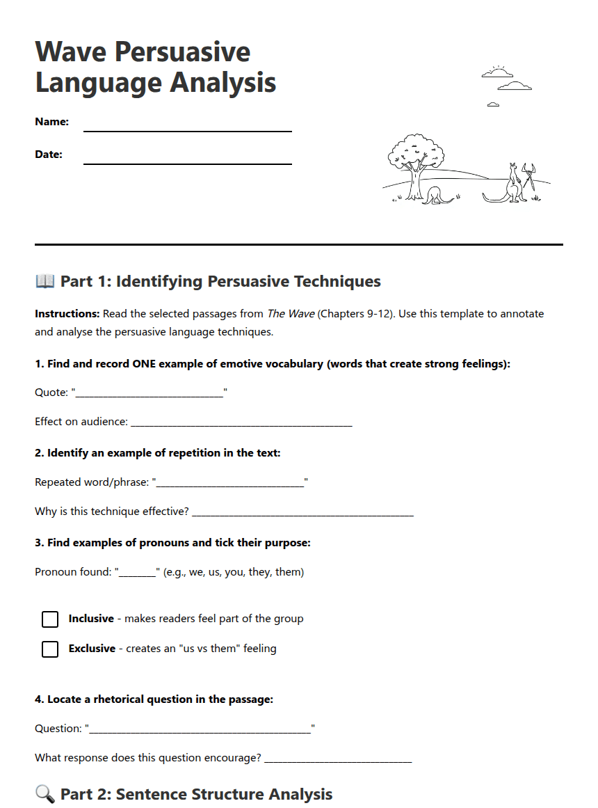 Wave Persuasive Language Analysis worksheet preview