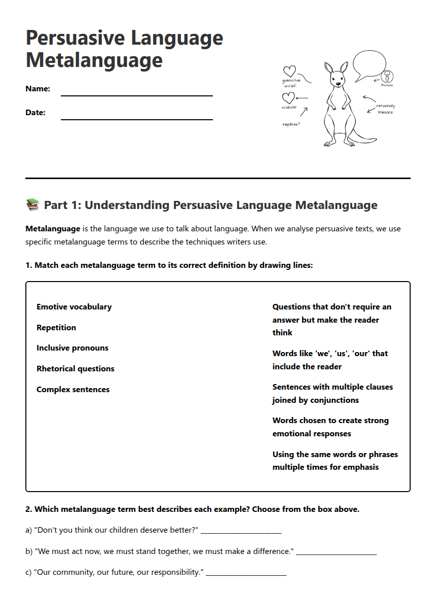 Persuasive Language Metalanguage worksheet preview