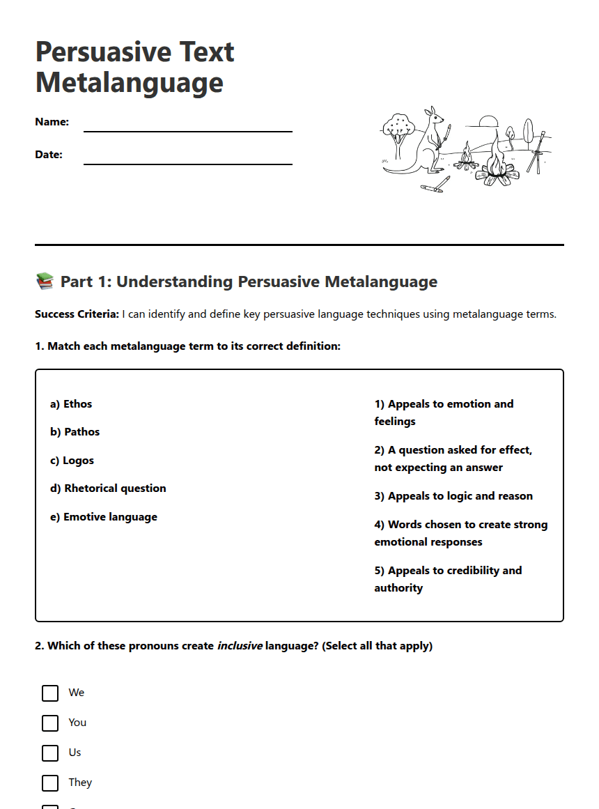 Persuasive Text Metalanguage worksheet preview