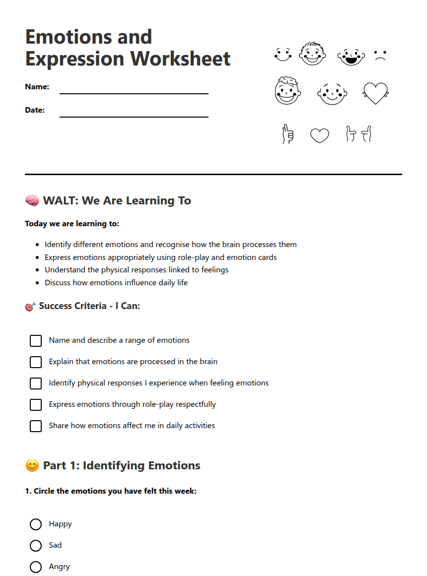 Emotions and Expression Worksheet worksheet preview