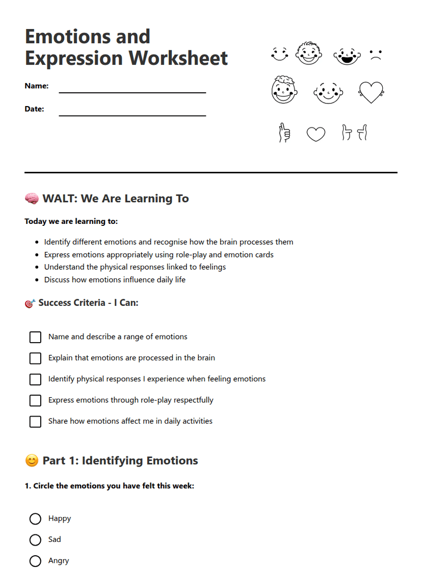 Emotions and Expression Worksheet