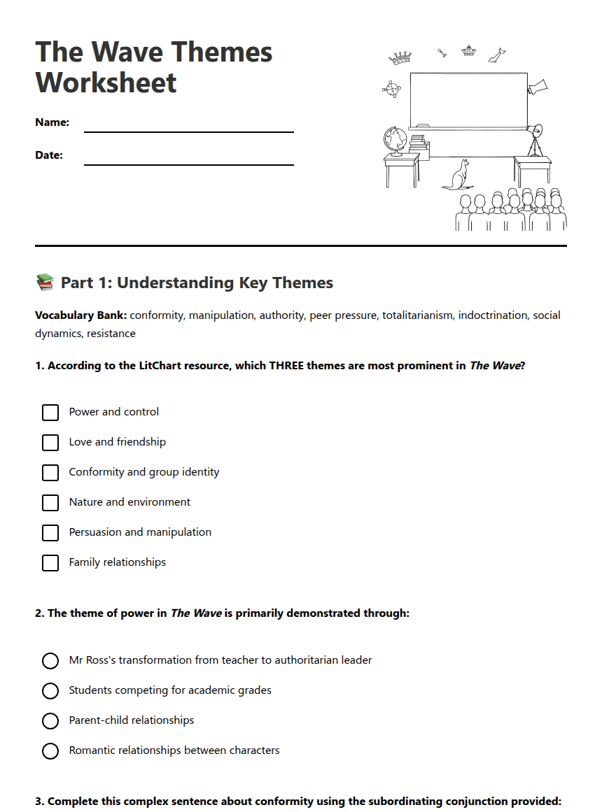 The Wave Themes Worksheet worksheet preview