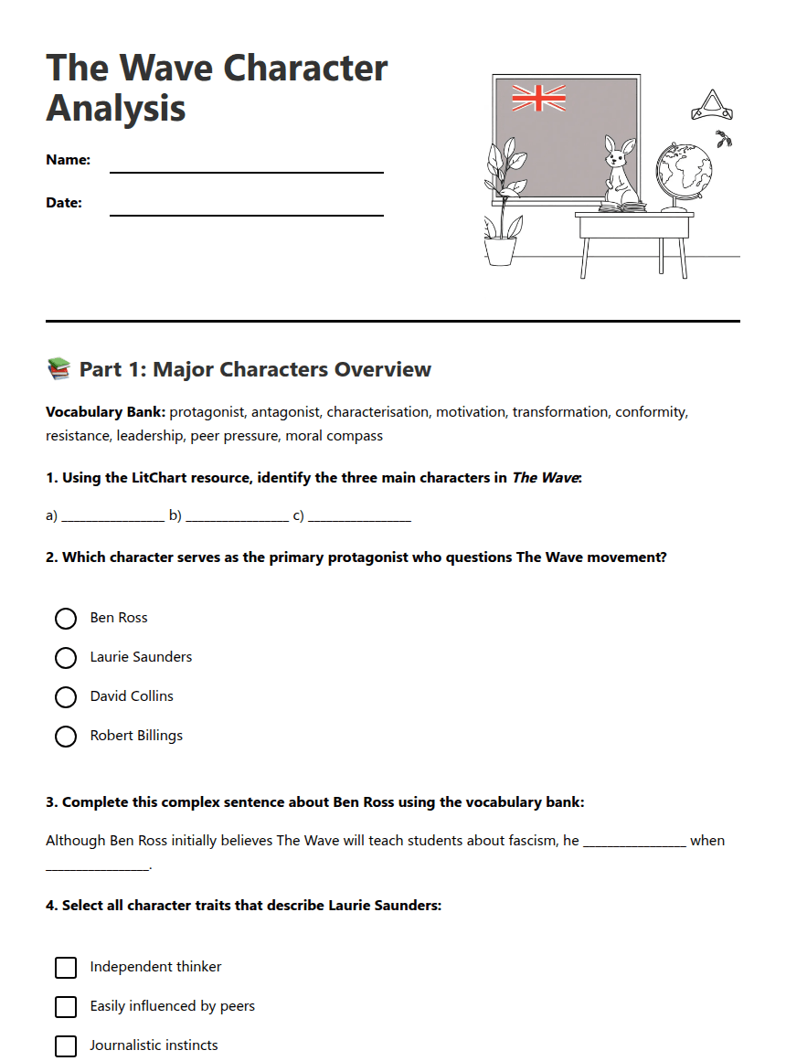 The Wave Character Analysis worksheet preview
