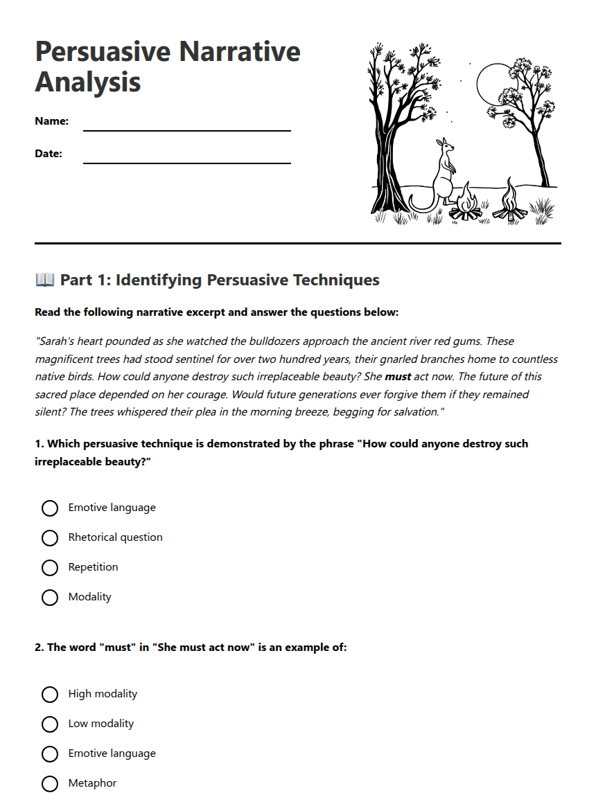 Persuasive Narrative Analysis worksheet preview
