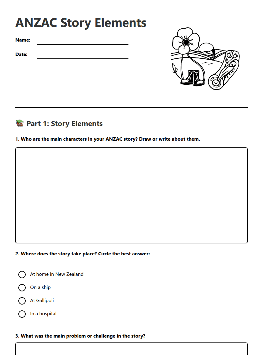 ANZAC Story Elements worksheet preview