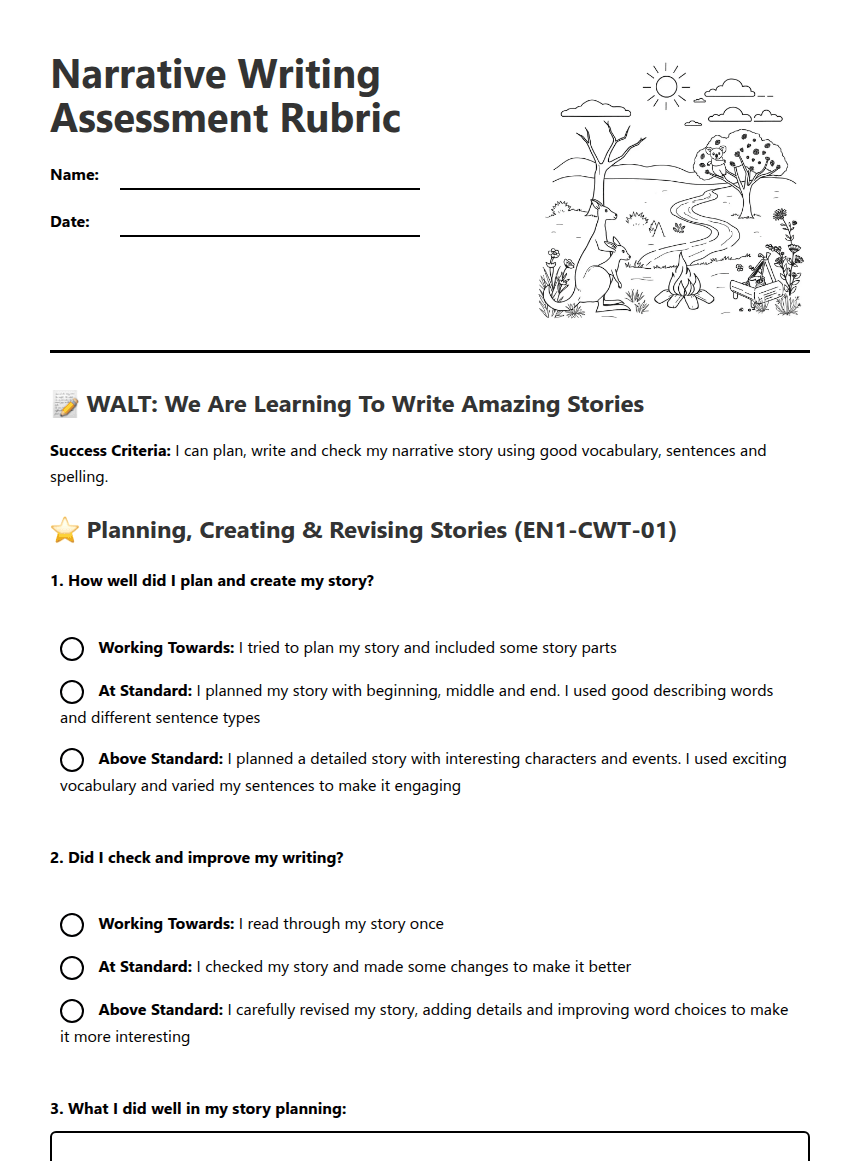 Narrative Writing Assessment Rubric worksheet preview
