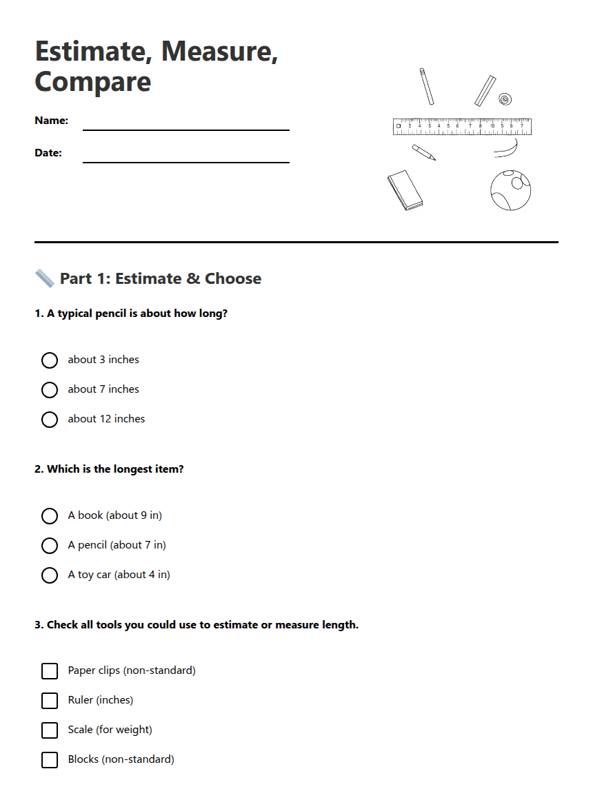 Estimate, Measure, Compare worksheet preview