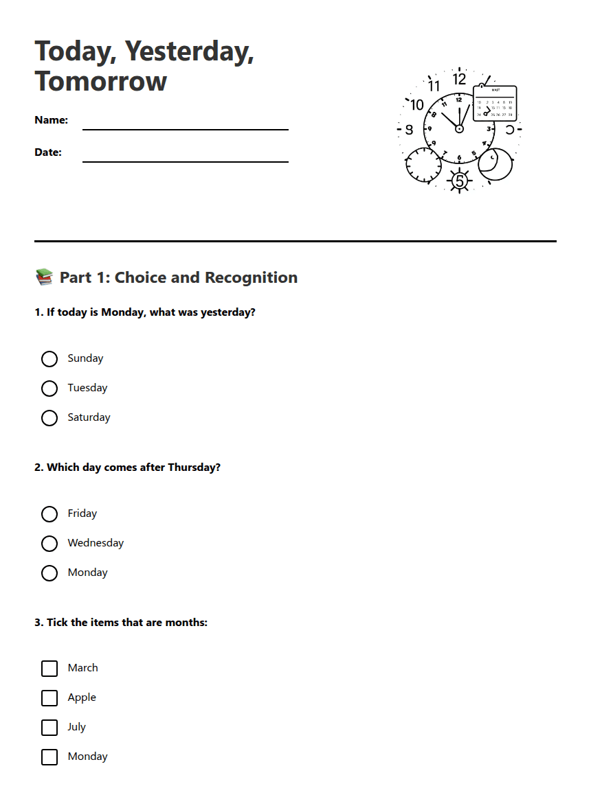 Today, Yesterday, Tomorrow worksheet preview