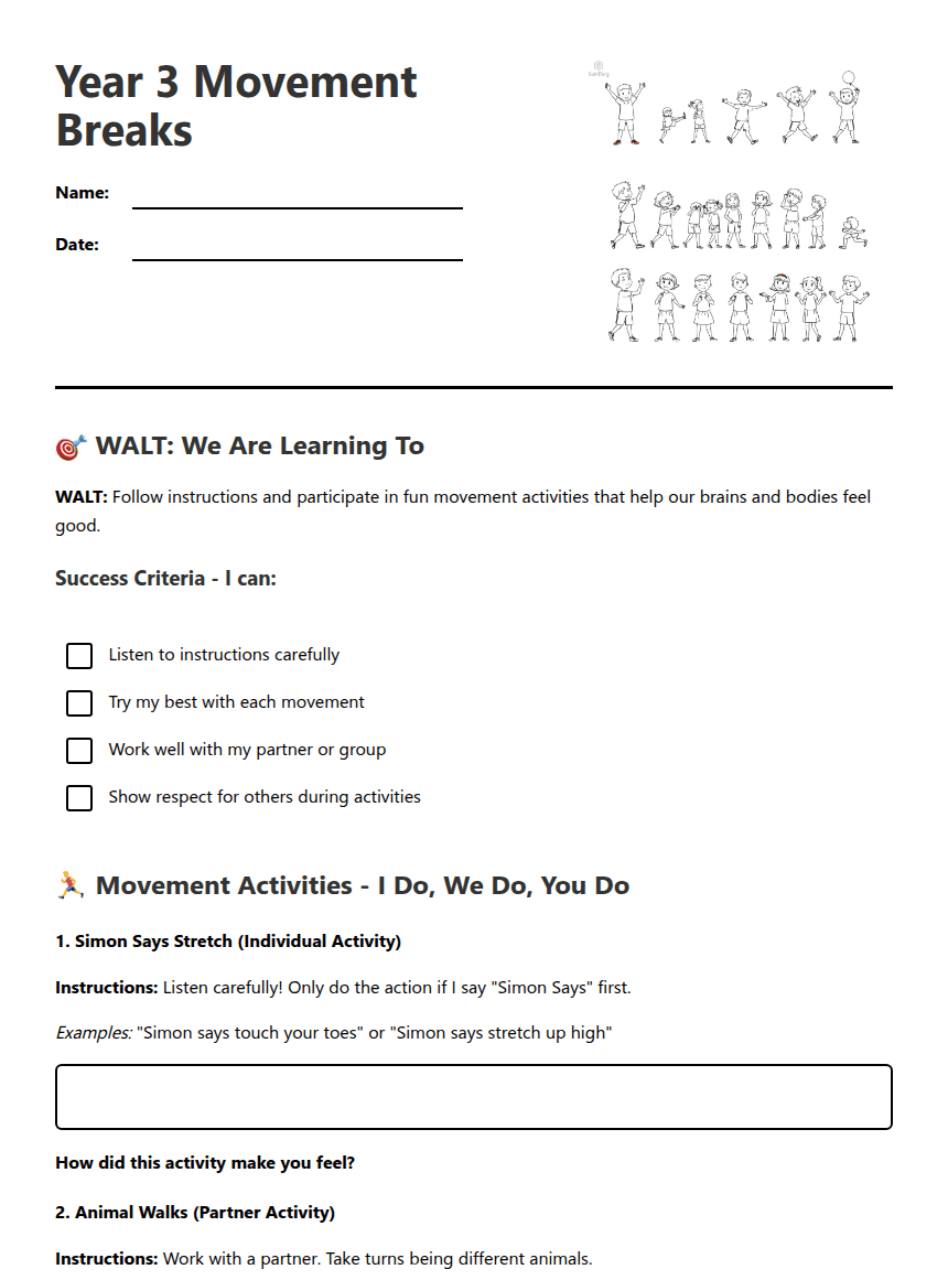 Year 3 Movement Breaks worksheet preview