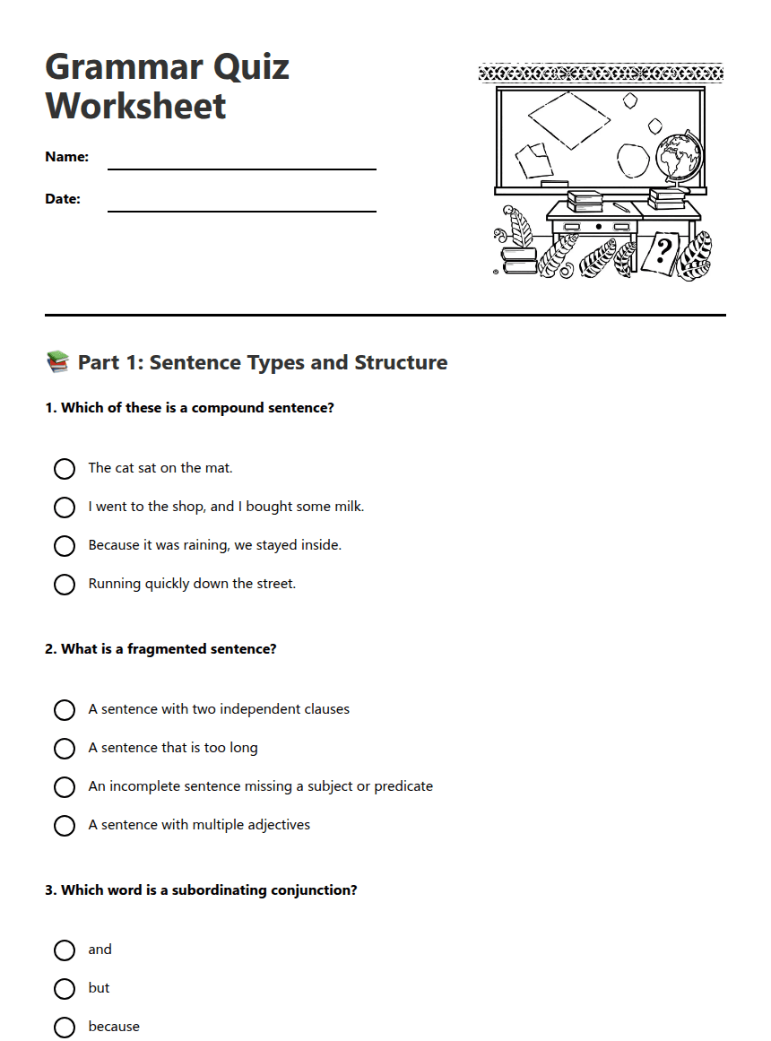 Grammar Quiz Worksheet worksheet preview