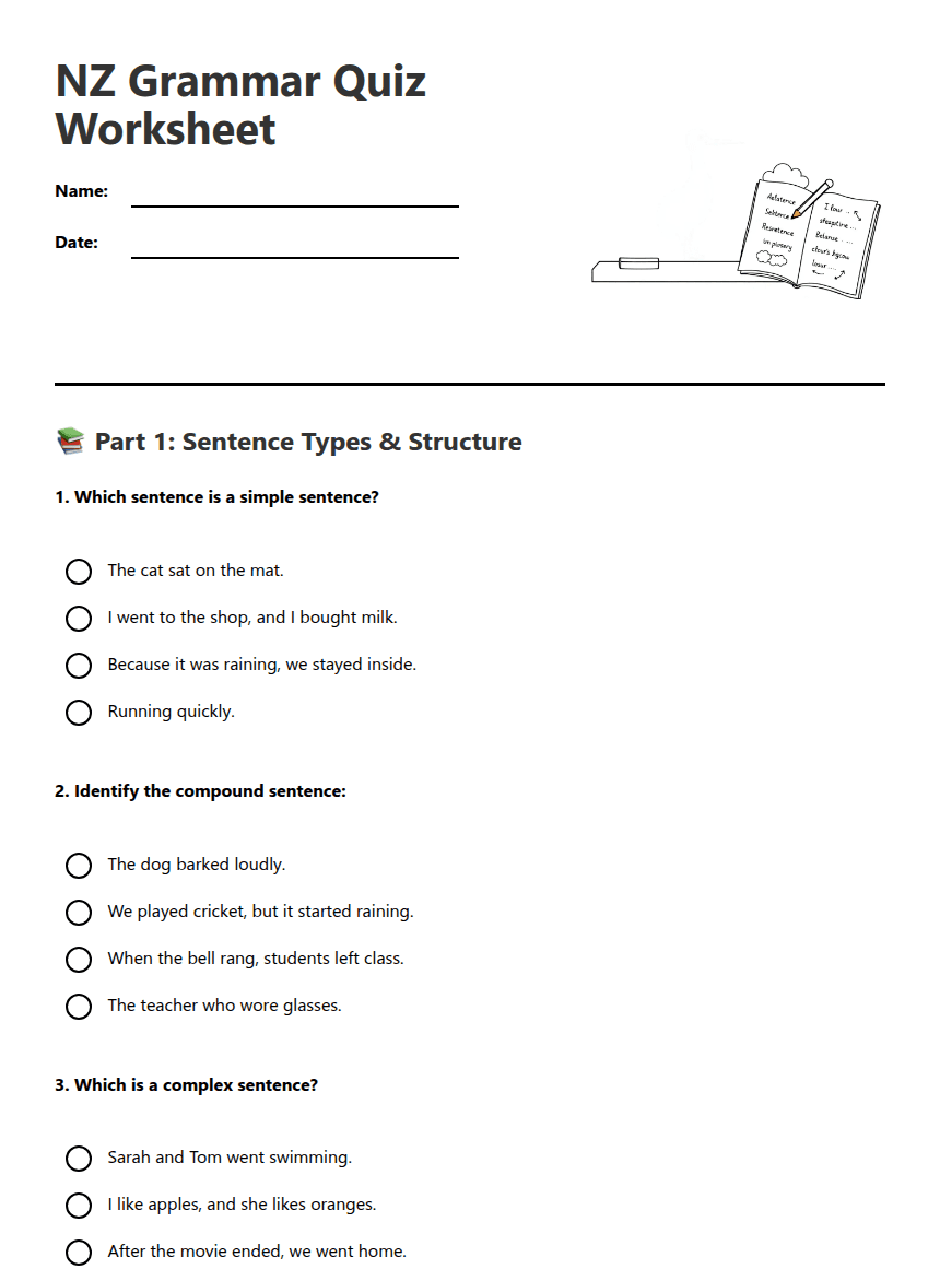 NZ Grammar Quiz Worksheet worksheet preview