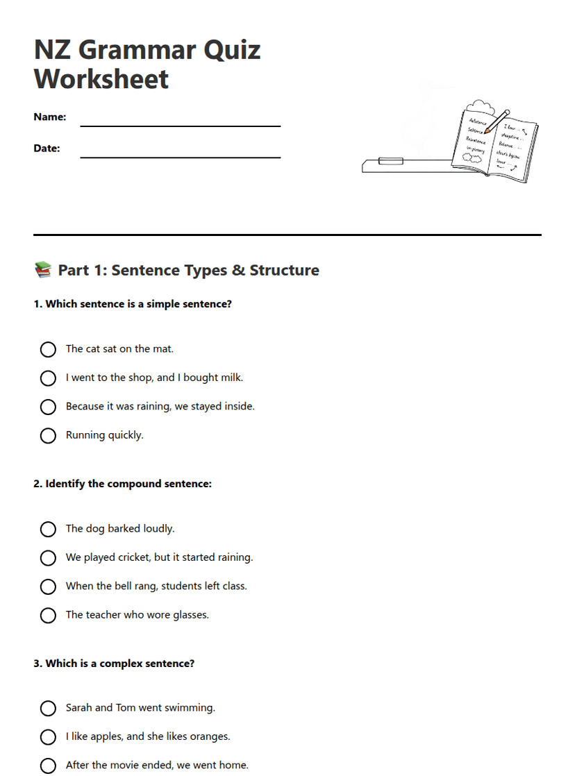 NZ Grammar Quiz Worksheet