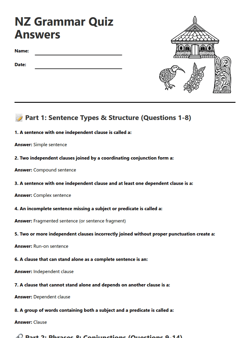 NZ Grammar Quiz Answers