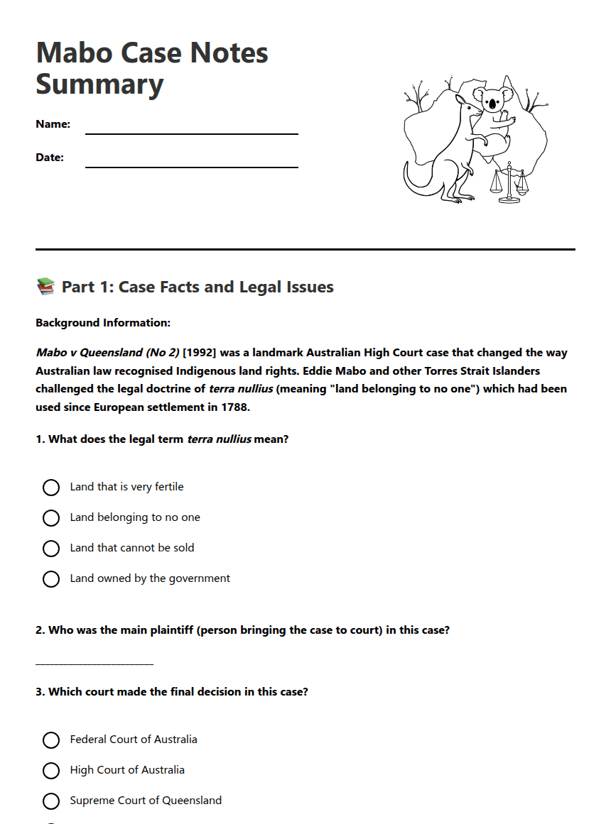 Mabo Case Notes Summary worksheet preview