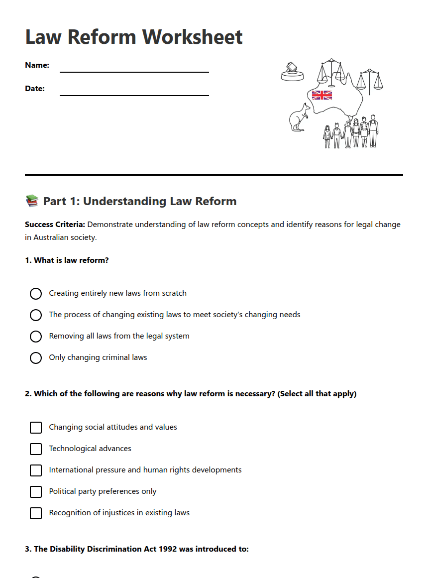 Law Reform Worksheet worksheet preview