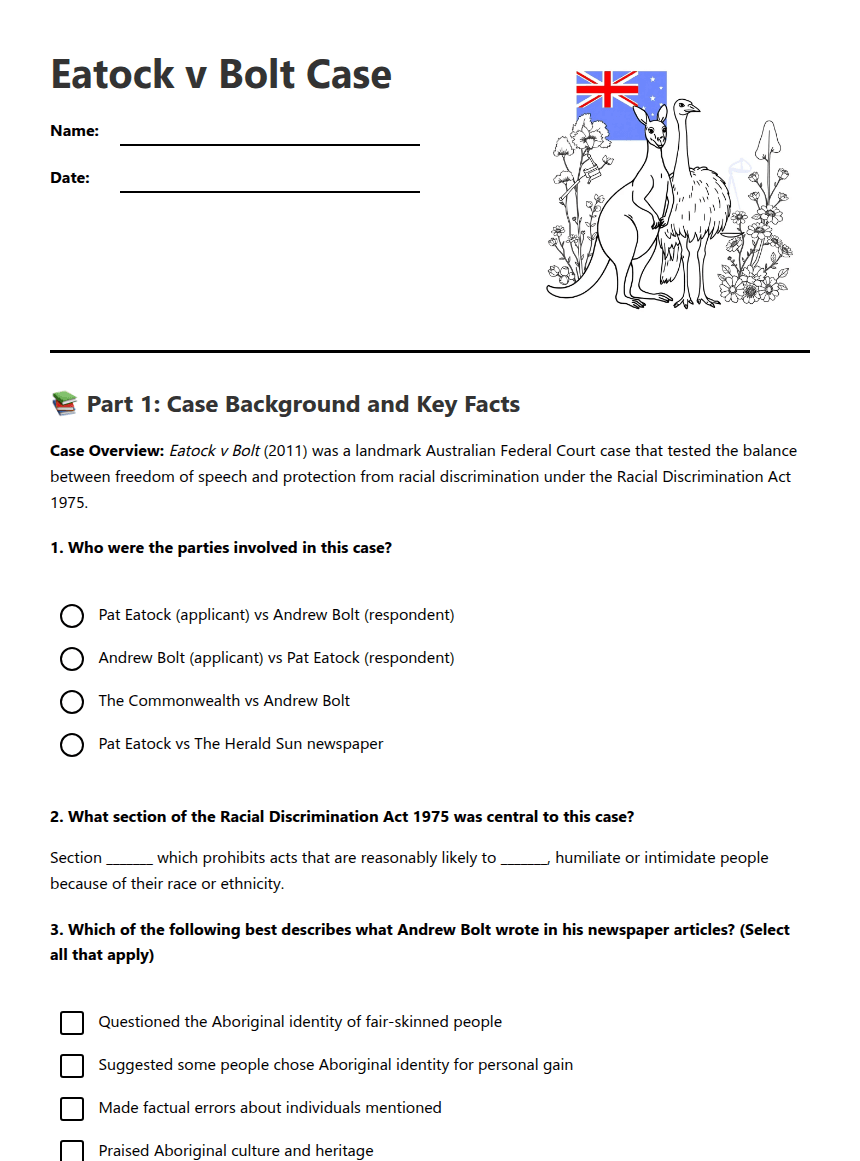 Eatock v Bolt Case worksheet preview