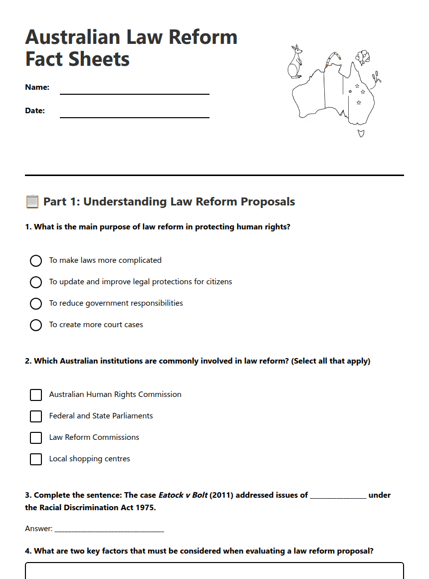 Australian Law Reform Fact Sheets worksheet preview