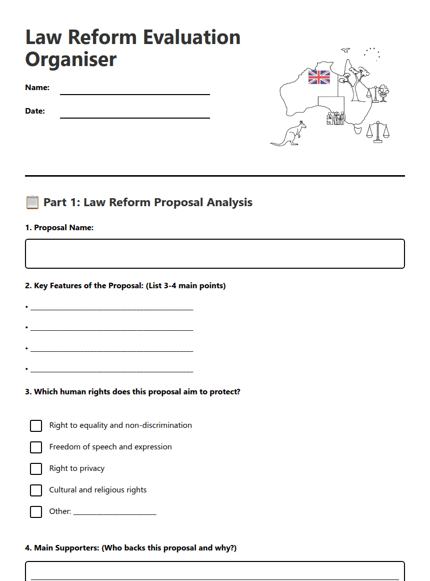 Law Reform Evaluation Organiser worksheet preview
