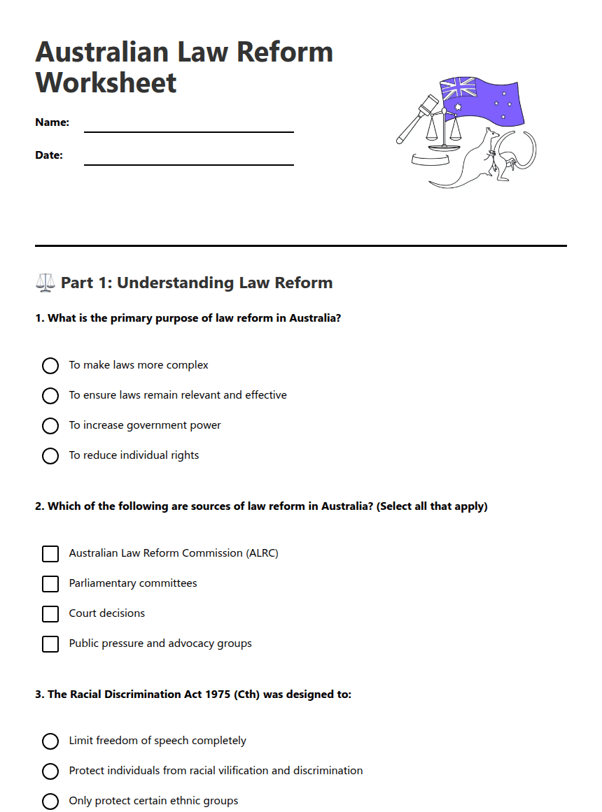 Australian Law Reform Worksheet worksheet preview