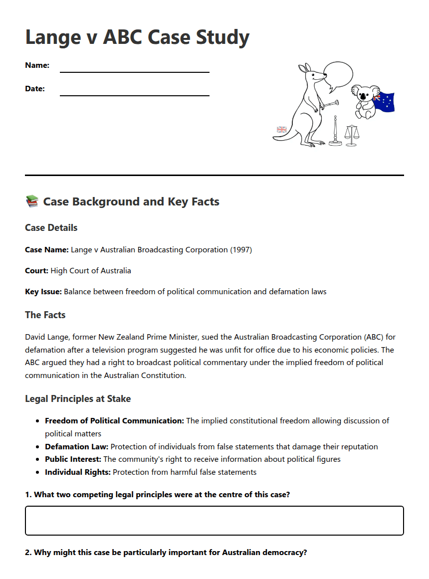 Lange v ABC Case Study worksheet preview