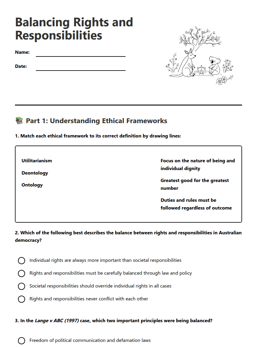 Balancing Rights and Responsibilities worksheet preview