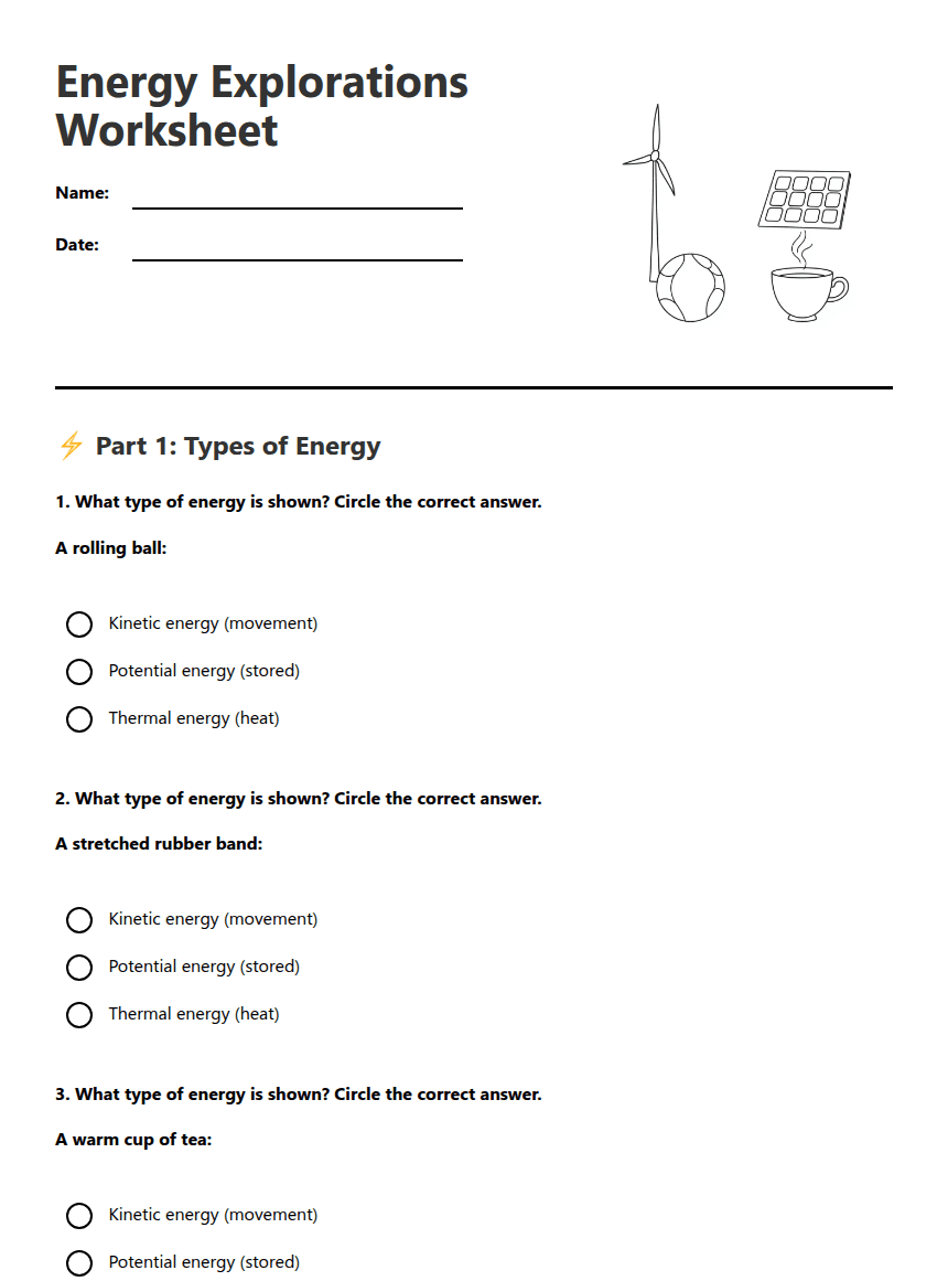 Energy Explorations Worksheet worksheet preview