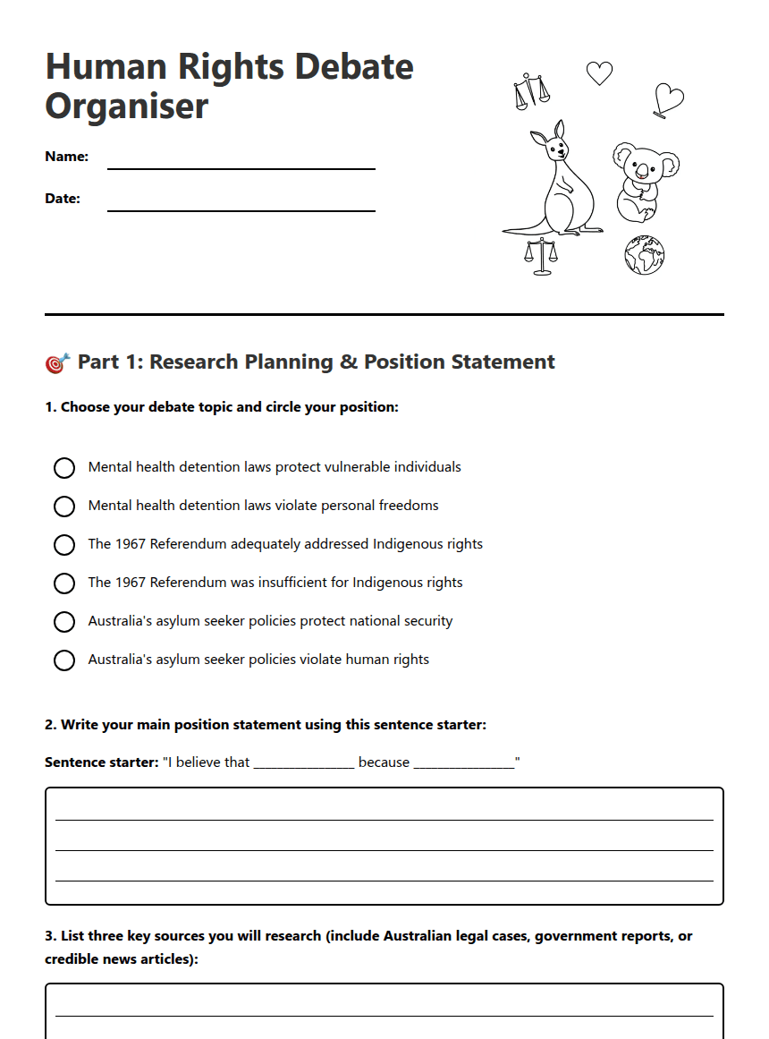 Human Rights Debate Organiser worksheet preview