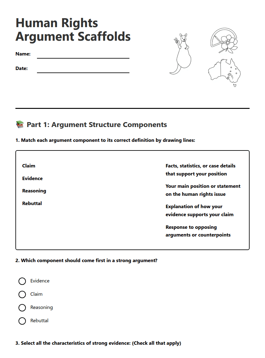 Human Rights Argument Scaffolds worksheet preview