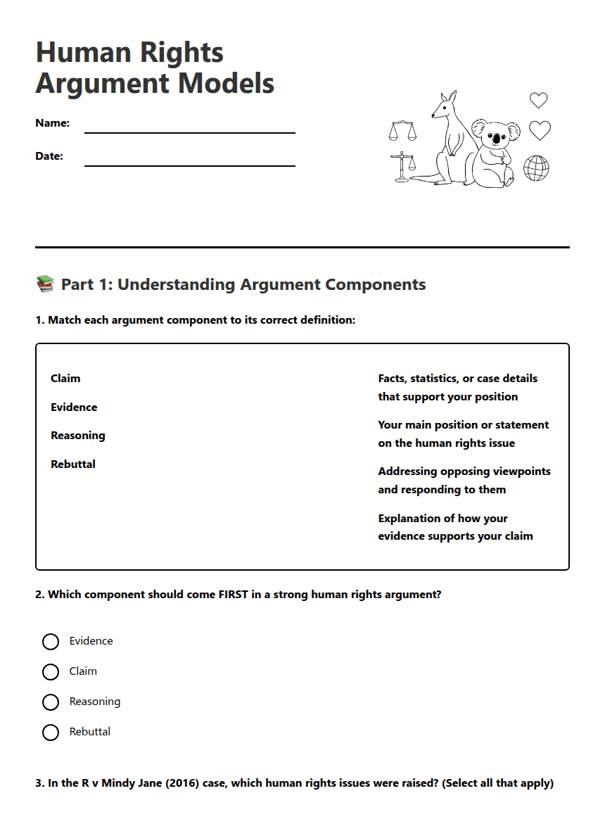 Human Rights Argument Models worksheet preview