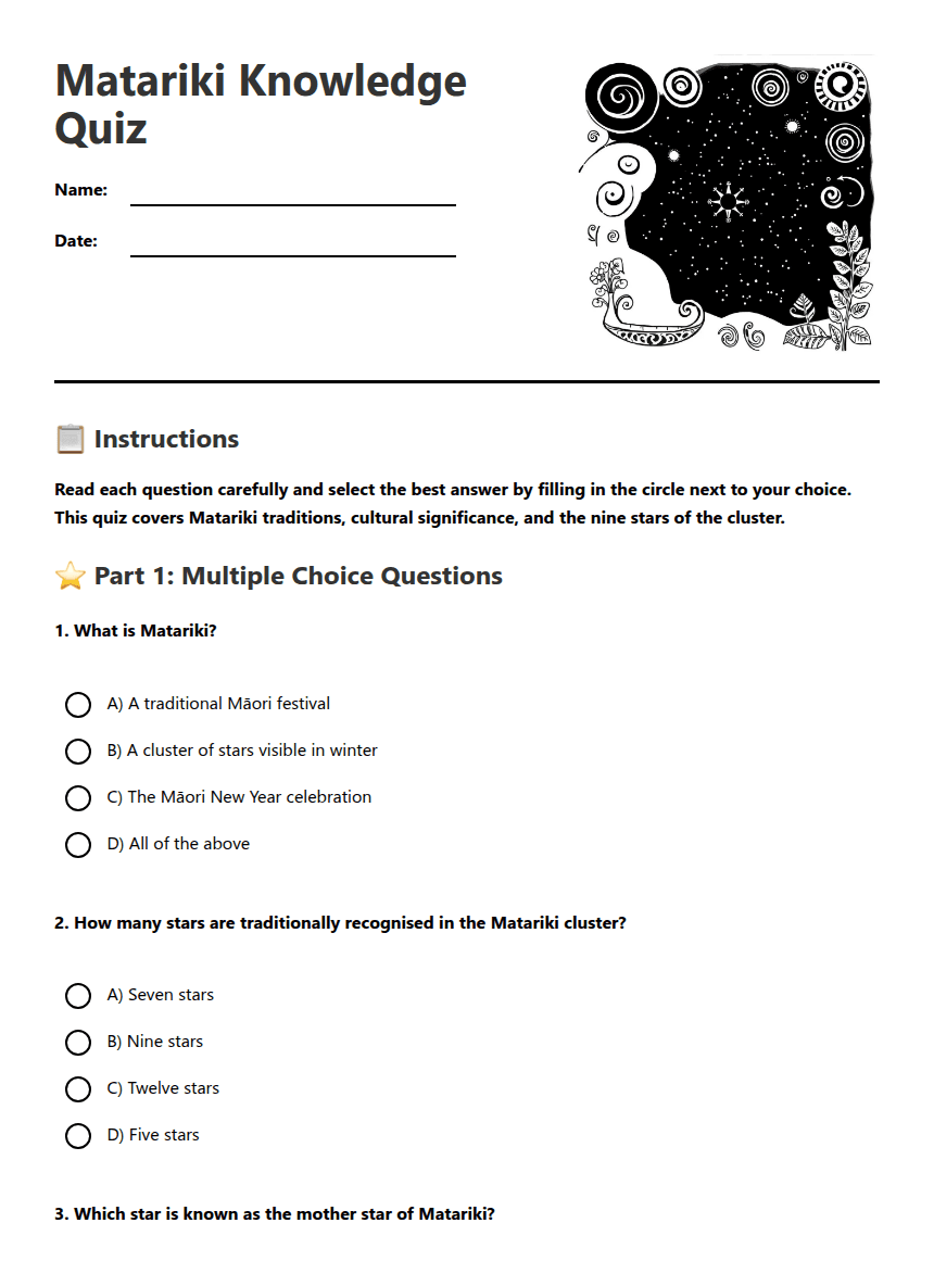 Matariki Knowledge Quiz worksheet preview