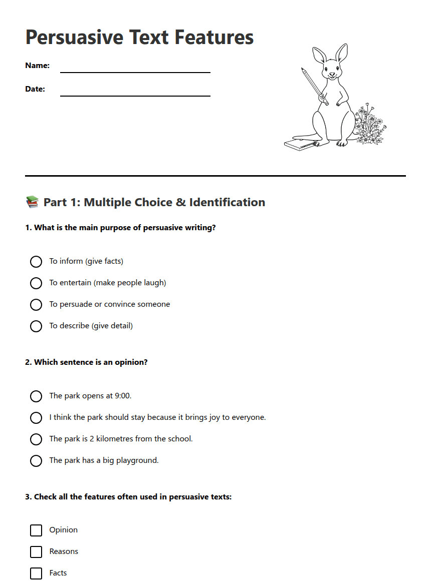 Persuasive Text Features worksheet preview