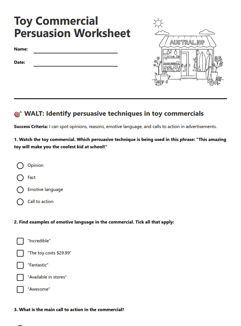 Toy Commercial Persuasion Worksheet