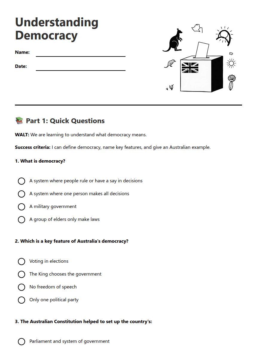 Understanding Democracy worksheet preview