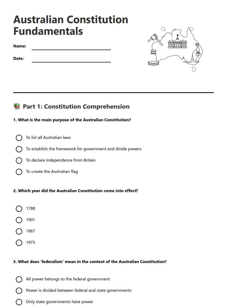 Australian Constitution Fundamentals worksheet preview