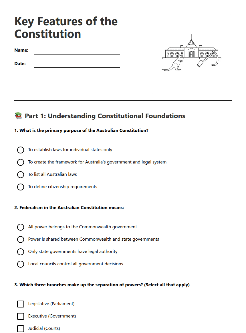 Key Features Constitution worksheet preview
