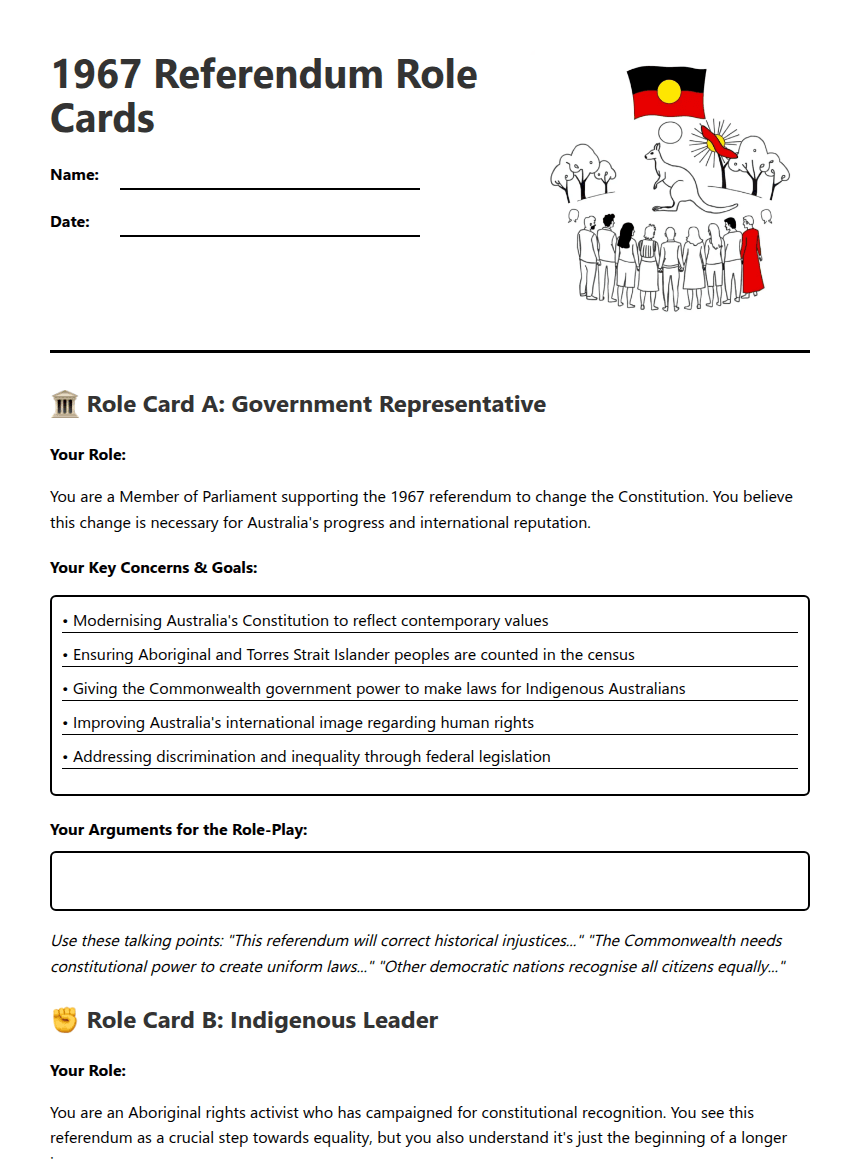 1967 Referendum Role Cards worksheet preview